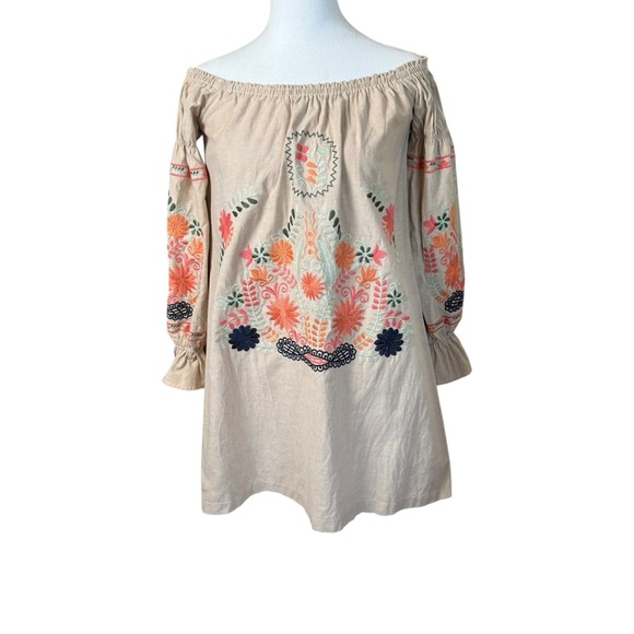 The Impeccable Pig Dress Womens S Beige Embroidered Flower Off the Shoulder Boho - Picture 1 of 12